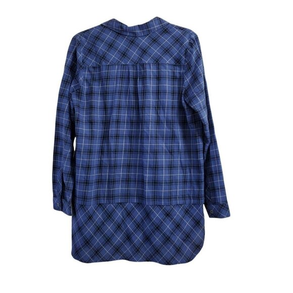 J. Jill Tunic Top Small Plaid Blue‎ Curved Hem Shirt Button Up Collared Casual - Picture 2 of 11